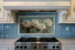 White rose and butterfly ceramic tile mural for vintage interiors